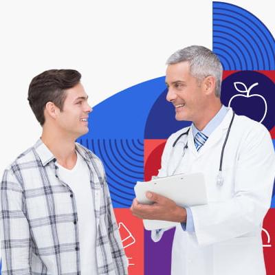 A young man talking to his health care provider.
