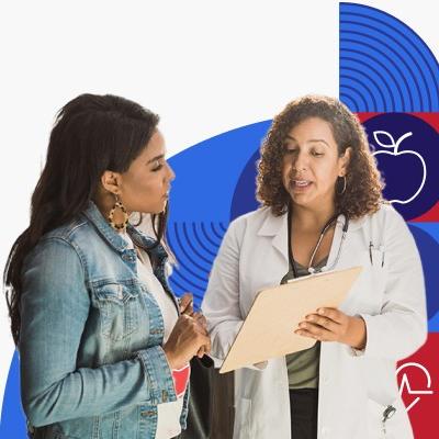 A woman talks to a health care provider.