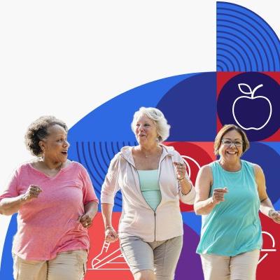 Tres mujeres adultas mayores están corriendo.