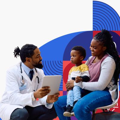 A Black male provider bends down to speak with a Black woman and her young child.