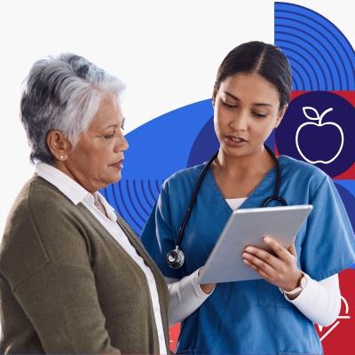 A health care provider shares information with an older woman.