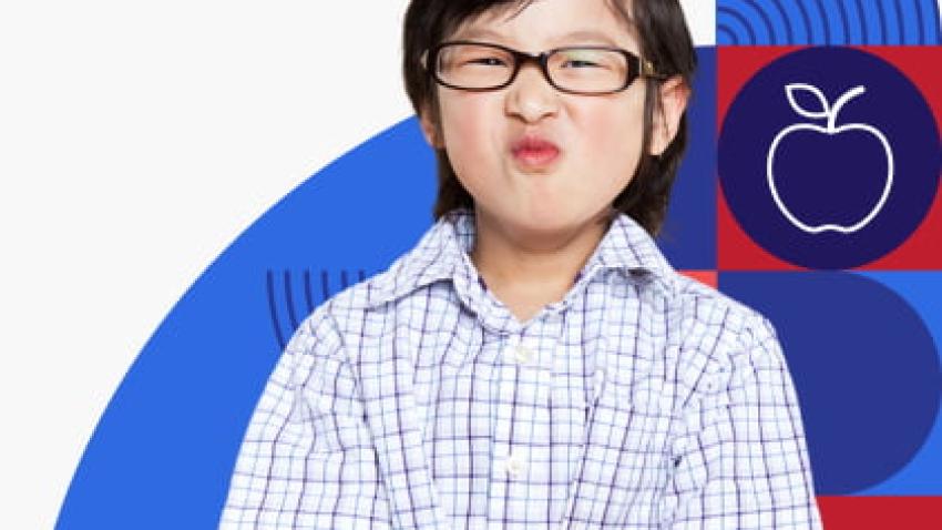 A child wearing glasses. 