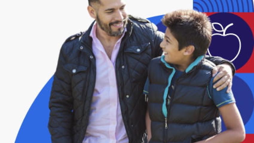 A father and son walking together.