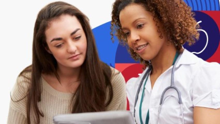 Health care provider talking with teen girl